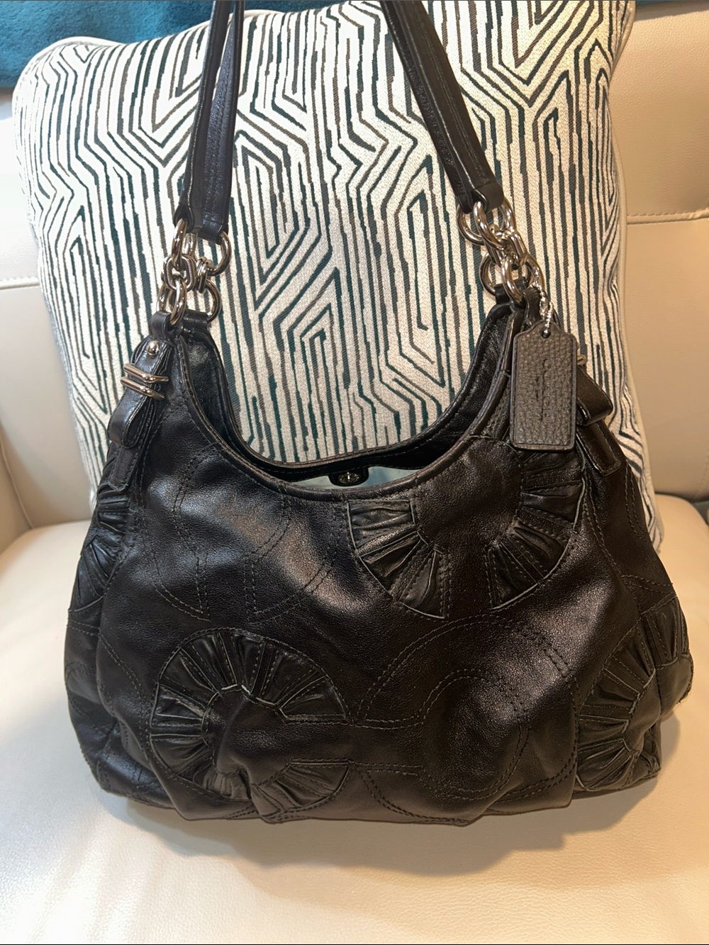 Coach Madison Maggie Black Leather Shoulder Bag with Embellished C Stitching